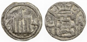 GOA: Felipe III or João IV, AE bazaruco (2.01g) (1)64x, KM—, Zeno—, cf. Gomes-07.01 & 21.01, St. Lawrence 's gridiron, flanked by partial date 6-4 // ...