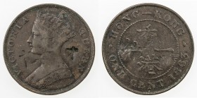 CHOPMARKED COINS: HONG KONG: Victoria, 1840-1901, AE cent, 1863, KM-4.1, two large Chinese merchant chopmarks on obverse, VF, ex D. R. Bain Collection...