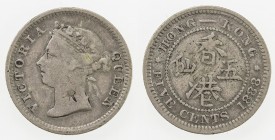 CHOPMARKED COINS: HONG KONG: Victoria, 1840-1901, AR 5 cents, 1888, KM-5, small Chinese merchant chopmarks on obverse, Fine, ex D. R. Bain Collection....
