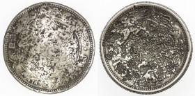CHOPMARKED COINS: JAPAN: Meiji, 1868-1912, AR yen, year 7 (1874), Y-A25, with so many large Chinese merchant chopmarks that the flan is now scyphated,...