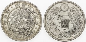 CHOPMARKED COINS: JAPAN: Meiji, 1868-1912, AR yen, year 29 (1896), Y-28a.5, with gin countermark right for Tokyo mint, large Chinese merchant chopmark...