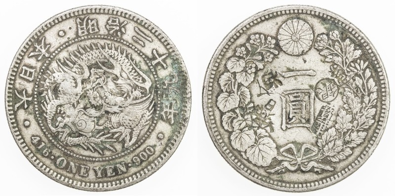 CHOPMARKED COINS: JAPAN: Meiji, 1868-1912, AR yen, year 29 (1896), Y-28a.5, some...