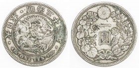 CHOPMARKED COINS: JAPAN: Meiji, 1868-1912, AR yen, year 29 (1896), Y-28a.5, some oxidation, countermark gin right of 1 yen (applied upside down!) and ...