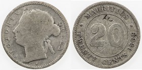 CHOPMARKED COINS: MAURITIUS: Victoria, 1837-1901, AR 20 cents, 1889-H, Y-11.1, small Chinese merchant chopmark tien on reverse, VG, ex D. R. Bain Coll...