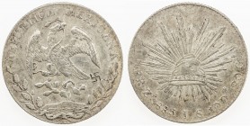 CHOPMARKED COINS: MEXICO: Republic, AR 8 reales, 1883-Zs, KM-377.13, assayer JS, with unusual swastika chopmark, EF.
Estimate: $60 - $80