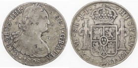 CHOPMARKED COINS: PERU: Carlos IV, 1788-1808, AR 8 reales, Lima, 1808, KM-97, assayer JP, several small Chinese merchant chopmarks and light graffiti,...