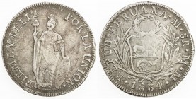CHOPMARKED COINS: PERU: Republic, AR 8 reales, Lima mint, 1834, KM-142.3, with unusual Chinese merchant chopmark, VF-EF.
Estimate: $75 - $100