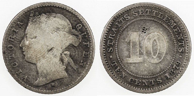 CHOPMARKED COINS: STRAITS SETTLEMENTS: Victoria, 1867-1901, AR 10 cents, 1879-H,...