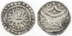 BEIKTHANO: Anonymous, ca. 7th century, AR tanka (8.07g), Mahlo-8c, rising sun, with 6 rays above and 6 rays below // srivatsa, swastika left, bhadrapi...