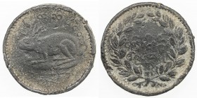 BURMA: Mindon, 1853-1878, lead 1/8 pya (6.61g), CS1231 (1870), KM-22, Robinson-11.16, hare // legend in wreath, VG, R. 
Estimate: $75 - $100