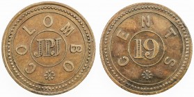 CEYLON: AE 19 cents token (4.29g), ND (1876), Prid-46, struck in England for James Perera Jayatilleka, Dam Street, Colombo, "JPJ" within inner circle ...