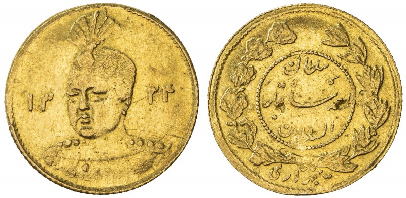IRAN: Ahmad Shah, 1909-1924, AV 5000 dinars, AH1334, KM-1071, EF, ex Dabestani C...