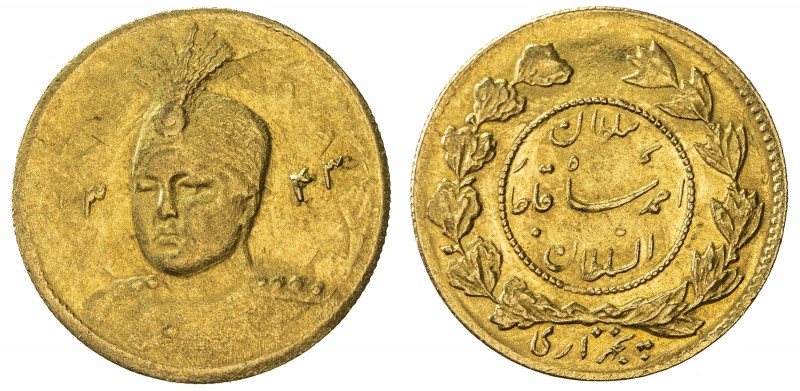 IRAN: Ahmad Shah, 1909-1925, AV 5000 dinars (1.37g), AH1343, KM-1071, reverse cl...