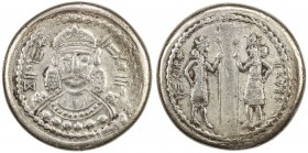 IRAN: AR Zoroastrian token (20.63g), Sasanian-style facing bust // two Sasanian royal assistants, each holding a spear, pseudo-text both sides, fascin...
