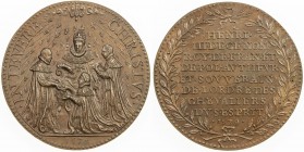 FRANCE: Henri III, 1574-1589, AE medal (33.40g), 1579, 41mm bronze medal for the Order of the Holy Spirit, Henri III seated facing on throne wearing r...