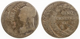 FRANCE: AE 5 centimes, L 'AN8(1799-1800)-A, KM-640.1, double struck, with second strike about 20% off-center and a bit rotated, Good.
Estimate: $65 -...