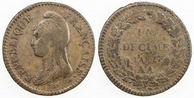 FRANCE: AE decime, L 'AN 5(1796-7)-AA, KM-644.2, some luster, VF.
Estimate: $65 - $85