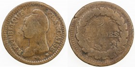FRANCE: AE decime, DM(1795-1800), KM-645, Un decime type struck over L 'AN 4 (A) 2 decimes, with second strike rotated and undertype visible, mostly o...
