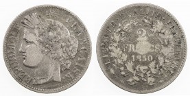 FRANCE: Second Republic, AR 2 francs, 1850-BB, KM-760.2, F-261.5, Strasbourg Mint issue, Ceres head, center reverse well worn, VG-F, S. 
Estimate: $7...