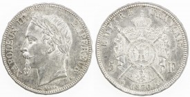 FRANCE: Napoleon III, 1852-1870, AR 5 francs, 1870-BB, KM-799.2, Strasbourg Mint issue, lustrous, AU.
Estimate: $80 - $100