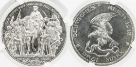 PRUSSIA: Wilhelm II, 1888-1918, AR 3 mark, 1913-A, KM-534, 100th Anniversary of the Defeat of Napoleon, a couple reverse toning spots, obverse hairlin...