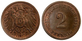 GERMANY: Wilhelm II, 1888-1918, AE 2 pfennig, 1907-F, KM-16, mostly brown, but some red, with only the slightest wear, key date/mintmark, Choice AU.
...