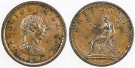 GREAT BRITAIN: George III, 1760-1820, AE penny, 1806, KM-663, glossy brown color, Choice AU, ex Fuller Collection. 
Estimate: $80 - $100