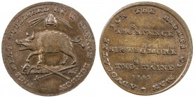 GREAT BRITAIN: Middlesex, AR farthing token, 1795, D&H-Middlesex 1117, PIGS MEAT PUBLISHED BY T. SPENCE LONDON, a pig facing left trampling on emblems...