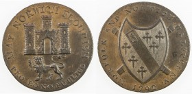 GREAT BRITAIN: Norfolk, AE halfpenny token (10.76g), 1792, D&H-Norfolk 15, Norwich issue, arms of Norwich with MAY NORWICH FLOURISH - PRO BONO PUBLICO...