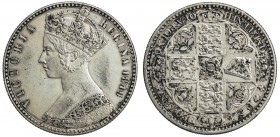 GREAT BRITAIN: Victoria, 1837-1901, AR florin, 1849, KM-745, Spink-3890, the "Godless" two-year type, with WW initials behind shoulder, uneven dark to...