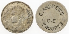 GREAT BRITAIN: nickel war tag, ND, 23mm, C. ANDREWS / C.E / 7609278 stamped on the sanded-down reverse of an Egyptian 10 milliemes of Farouk (KM-364),...