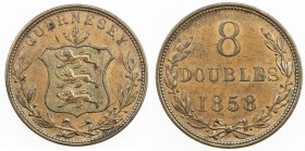 GUERNSEY: AE 8 doubles, 1858, KM-3, chocolate-brown patina, choice EF.
Estimate: $50 - $75