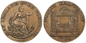 IRELAND: Dublin, AE halfpenny token (9.21g), 1794, D&H-Dublin 351, Parker 's, female figure seated right, holding cornucopia, and leaning upon an anch...