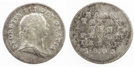 IRELAND: George III, 1760-1820, AR 10 pence token, 1805, KM-Tn3, S-6617, scratches on obverse, choice VF.
Estimate: $40 - $60