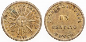 ARGENTINA: Confederation, AE centavo, 1854, KM-23, a bit glossy with a few hints of red, one-year type, AU.
Estimate: $100 - $150