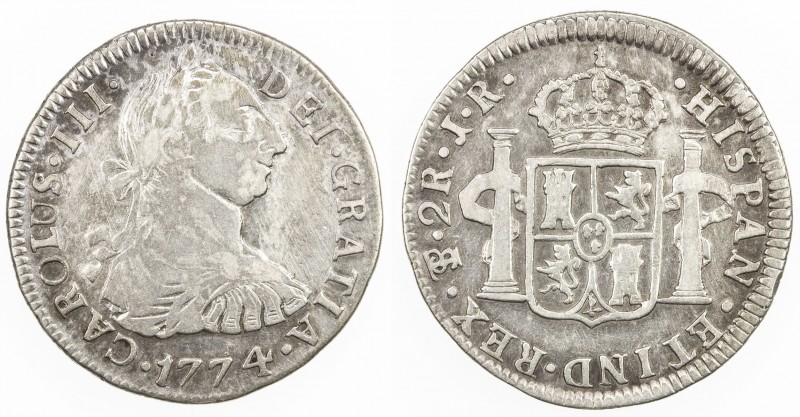 BOLIVIA: Carlos III, 1759-1788, AR 2 reales, 1774, KM-53, assayer JR, somewhat u...