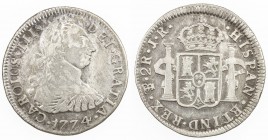 BOLIVIA: Carlos III, 1759-1788, AR 2 reales, 1774, KM-53, assayer JR, somewhat uneven tone, Fine.
Estimate: $65 - $85