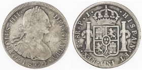 BOLIVIA: Carlos IV, 1788-1808, AR 8 reales, 1804, KM-73, assayer PJ, a few wispy obverse scratches, a few tiny chopmarks, Fine.
Estimate: $80 - $100