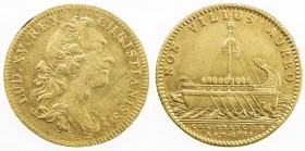 CANADA: Louis XV, 1715-1774, gilt AE jeton (6.36g), 1755, Lec-150, king 's bust, laureate, initials fm below // the boat of the Argonauts left, the go...