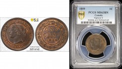 CANADA: Victoria, 1837-1901, AE cent, 1859, KM-1, narrow 9 variety, PCGS graded MS63 BN.
Estimate: $100 - $150