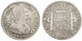 CHILE: Carlos IV, 1788-1808, AR 4 reales, 1807-So, KM-60, assayer FJ, weakly struck details, lightly toned, luster in some recesses, F-VF.
Estimate: ...