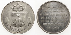 CHILE: AR medal (65.22g), 1875, 51mm silver medal for the International Exhibition in Valparaiso by Alphée Dubois, star and sailing ship on shield on ...