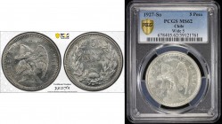 CHILE: Republic, AR 5 pesos, 1927-So, KM-173.1, blast white luster, wide 5 variety, one-year type, PCGS graded MS63.
Estimate: $60 - $90