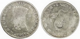 COLOMBIA: United Provinces of Nueva Granada, AR 8 reales, ND, KM-73, Restrepo-157.4r, pomegranate countermark on the reverse of Colombia 1821-Ba JF 8 ...