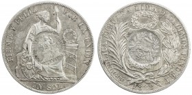 GUATEMALA: Republic, AR peso, 1894, KM-224, 1882BF Peru sol (KM-196.12) counterstamped with 1894 Guatemala ½ real (KM-165) dies, AU on Choice EF host....