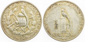 GUATEMALA: Republic, AR ½ quetzal, 1925, KM-241.1, variety with NOBLES below scroll on reverse, toned, one-year type, VF-EF.
Estimate: $60 - $90