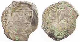 MEXICO: Felipe IV, 1621-1665, AR 8 reales (26.03g), 1655-Mo, KM-45, assayer P, cob coinage, some verdigris, but full cross and date, oblong flan, F-VF...