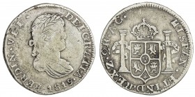 MEXICO: Fernando VII, 1808-1821, AR 2 reales, Zacatecas, 1819-Z, KM-93.4, assayer AG, crude, especially the rims, but a nice example for these, F-VF....