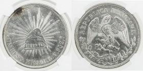 MEXICO: Republic, AR peso, 1909-Mo, KM-409.2, initials GV, colorful toning blotch on obverse, NGC graded MS63.
Estimate: $80 - $110