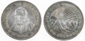 NICARAGUA: Republic, AR cordoba, 1912-H, KM-16, tiny rim bump at 6:00, attractive deep tone, one-year type, EF-AU.
Estimate: $100 - $150